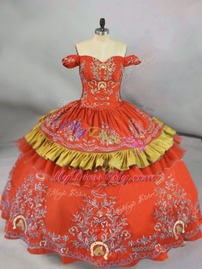 Embroidery Quinceanera Gown Orange Red Lace Up Sleeveless Floor Length