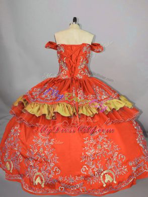 Embroidery Quinceanera Gown Orange Red Lace Up Sleeveless Floor Length