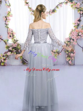 Floor Length Empire 3 4 Length Sleeve Grey Bridesmaid Gown Lace Up