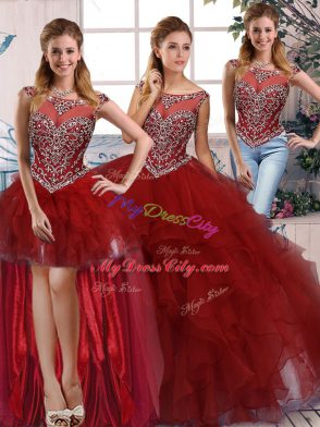 Affordable Burgundy Three Pieces Organza Scoop Sleeveless Beading and Ruffles Floor Length Zipper Vestidos de Quinceanera