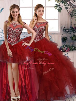 Affordable Burgundy Three Pieces Organza Scoop Sleeveless Beading and Ruffles Floor Length Zipper Vestidos de Quinceanera