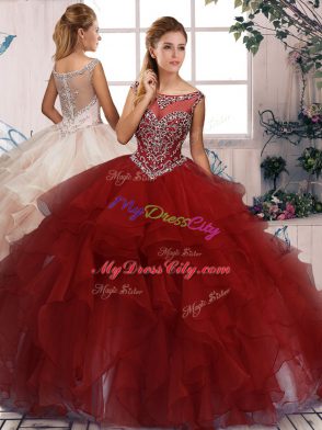 Affordable Burgundy Three Pieces Organza Scoop Sleeveless Beading and Ruffles Floor Length Zipper Vestidos de Quinceanera