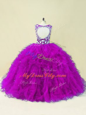 Beading Quince Ball Gowns Fuchsia Backless Sleeveless Floor Length