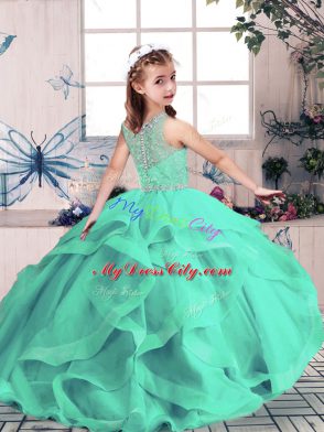 Tulle Scoop Sleeveless Lace Up Beading and Ruffles Little Girl Pageant Gowns in Blue