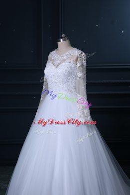 White Scoop Lace Up Lace Wedding Gowns Brush Train Long Sleeves