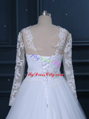 White Scoop Lace Up Lace Wedding Gowns Brush Train Long Sleeves