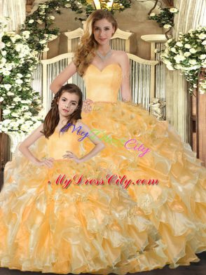 New Arrival Floor Length Lace Up Quinceanera Gowns Gold for Military Ball and Sweet 16 and Quinceanera with Beading and Ruffles