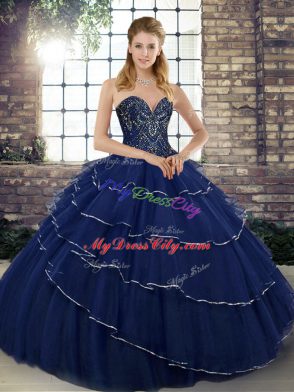 Eye-catching Sleeveless Brush Train Beading and Ruffled Layers Lace Up Sweet 16 Dresses