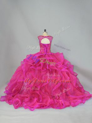 Affordable Beading and Ruffles Vestidos de Quinceanera Hot Pink Lace Up Sleeveless Brush Train