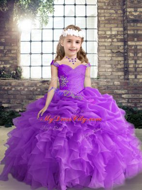 New Arrival Floor Length Purple Girls Pageant Dresses Straps Sleeveless Lace Up