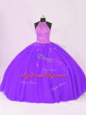 Fantastic Halter Top Sleeveless Quinceanera Gown Floor Length Beading and Appliques Purple Organza