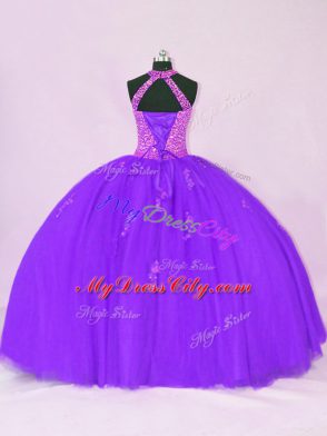 Fantastic Halter Top Sleeveless Quinceanera Gown Floor Length Beading and Appliques Purple Organza