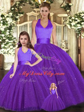 Floor Length Purple Sweet 16 Dress Tulle Sleeveless Ruching