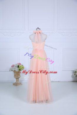 Designer Floor Length Peach Vestidos de Damas Tulle Sleeveless Ruching