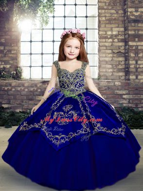 Trendy Beading and Embroidery Kids Pageant Dress Royal Blue Lace Up Sleeveless Floor Length