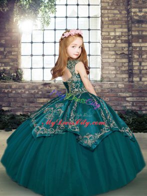 Trendy Beading and Embroidery Kids Pageant Dress Royal Blue Lace Up Sleeveless Floor Length