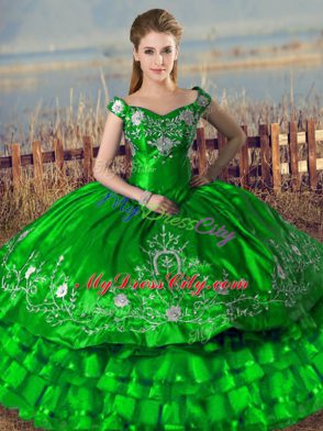 Best Green Ball Gowns Satin Off The Shoulder Sleeveless Embroidery and Ruffled Layers Floor Length Lace Up Sweet 16 Dresses