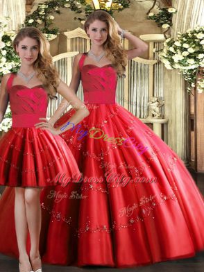 Appliques Ball Gown Prom Dress Red Lace Up Sleeveless Floor Length