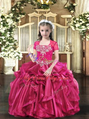 Sleeveless Organza Floor Length Lace Up Little Girls Pageant Dress in Hot Pink with Beading