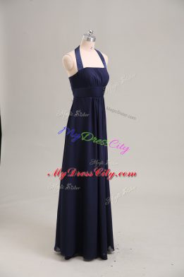 Inexpensive Sleeveless Chiffon Floor Length Lace Up Evening Dress in Navy Blue with Ruching