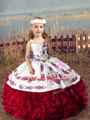 Excellent Ball Gowns Little Girls Pageant Gowns Wine Red Straps Organza Sleeveless Floor Length Lace Up