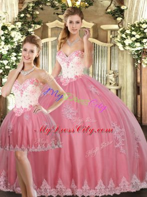 Dynamic Sleeveless Tulle Floor Length Lace Up Quince Ball Gowns in Watermelon Red with Beading and Appliques