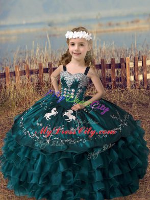 Floor Length Green Little Girls Pageant Dress Straps Sleeveless Lace Up