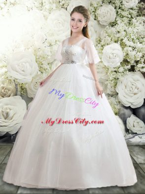 Extravagant Straps Half Sleeves Tulle Wedding Gowns Beading and Appliques Lace Up