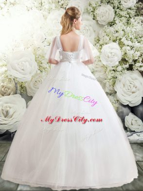 Extravagant Straps Half Sleeves Tulle Wedding Gowns Beading and Appliques Lace Up