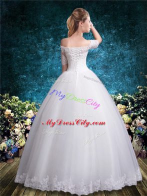 White Ball Gowns Tulle Off The Shoulder Half Sleeves Lace Floor Length Lace Up Wedding Dresses
