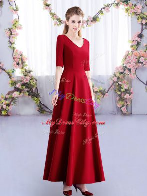 Wine Red V-neck Neckline Ruching Bridesmaid Dress Half Sleeves Zipper