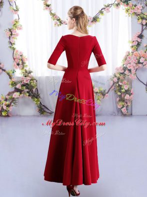 Wine Red V-neck Neckline Ruching Bridesmaid Dress Half Sleeves Zipper