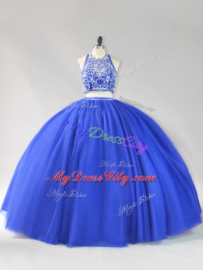 Royal Blue Sleeveless Floor Length Beading Backless Quinceanera Dresses