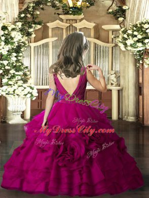 Beading Pageant Dress for Girls Fuchsia Backless Sleeveless Floor Length