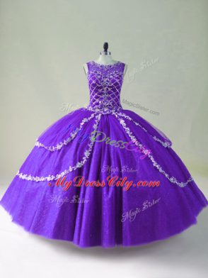 Scoop Sleeveless Tulle Ball Gown Prom Dress Beading and Appliques Zipper