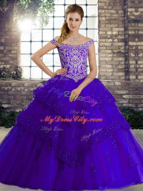 Purple Lace Up Off The Shoulder Beading and Lace Quinceanera Gowns Tulle Sleeveless Brush Train