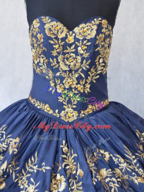 Lovely Navy Blue Ball Gowns Sweetheart Sleeveless Organza Floor Length Lace Up Embroidery and Ruffled Layers Quinceanera Gowns