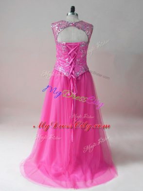 Hot Pink Sleeveless High Low Beading Prom Gown