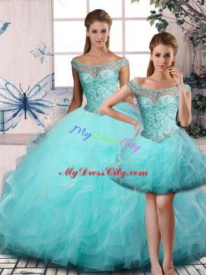 Aqua Blue Off The Shoulder Neckline Beading and Ruffles 15 Quinceanera Dress Sleeveless Lace Up