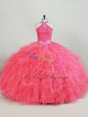 Fashionable Pink Halter Top Lace Up Beading and Ruffles Quinceanera Gown Sleeveless