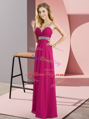 Fuchsia Straps Neckline Beading Pageant Dress Womens Sleeveless Criss Cross