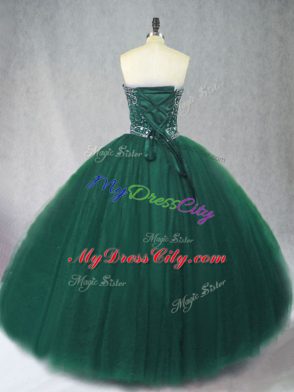 Hot Sale Sweetheart Sleeveless Lace Up Quince Ball Gowns Dark Green Tulle