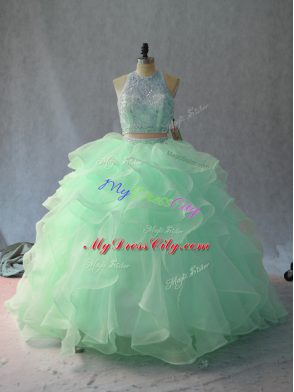 Perfect Sleeveless Floor Length Beading and Ruffles Backless 15th Birthday Dress with Apple Green