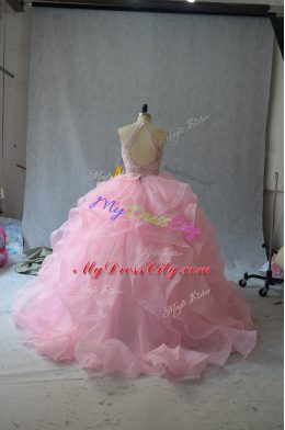 Perfect Sleeveless Floor Length Beading and Ruffles Backless 15th Birthday Dress with Apple Green