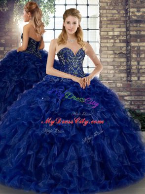 Charming Sleeveless Organza Floor Length Lace Up Quinceanera Dress in Royal Blue with Beading and Ruffles