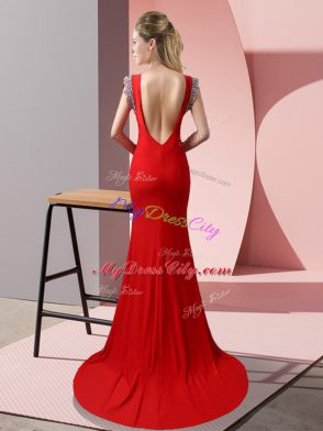 Fashionable Red Backless High-neck Beading Evening Dresses Elastic Woven Satin Short Sleeves Brush Train