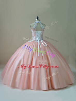 Edgy Sleeveless Floor Length Beading and Lace Lace Up Quinceanera Gown with Peach