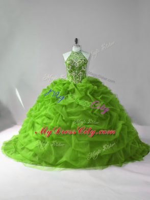 Green Organza Lace Up Sweet 16 Dresses Sleeveless Court Train Beading and Pick Ups