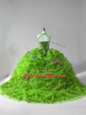 Green Organza Lace Up Sweet 16 Dresses Sleeveless Court Train Beading and Pick Ups