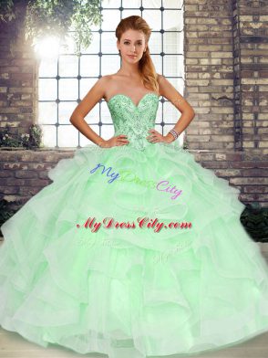 Sleeveless Tulle Floor Length Lace Up 15 Quinceanera Dress in Apple Green with Beading and Ruffles